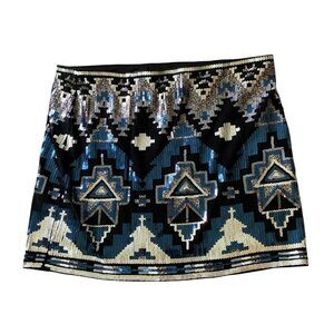 Express Womens Sequin Aztec Pattern Mini Skirt Black Blue & Metallic Small